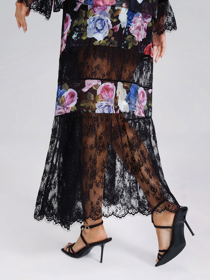 Oil Rose Print Lace Mesh Skirt