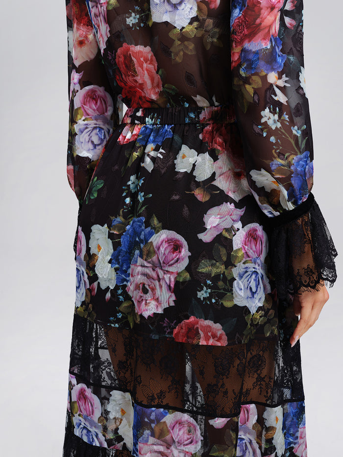 Oil Rose Print Lace Mesh Skirt
