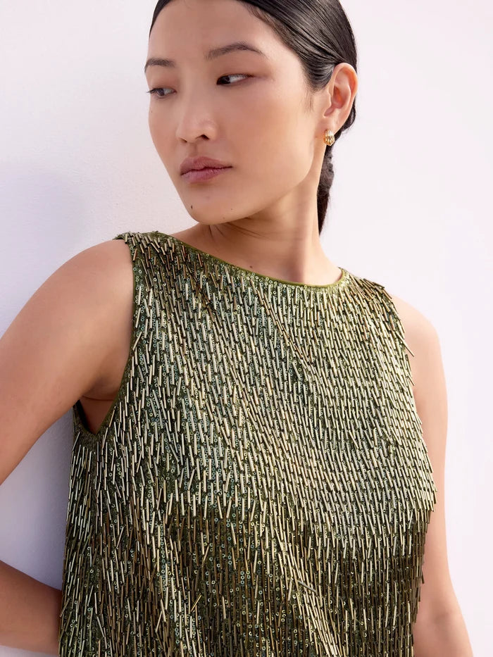 Olive-Green Sequinned Bead-Embellished Top