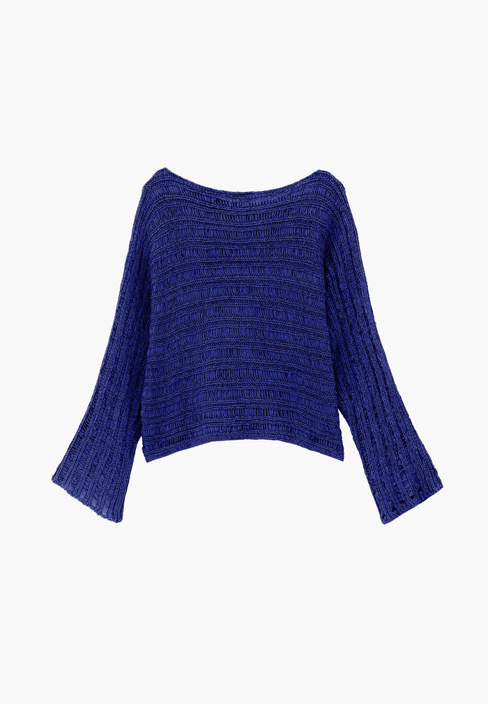 Openwork Boat Neck Long Sleeve Knit Sweater - CLEMATIS BLUE