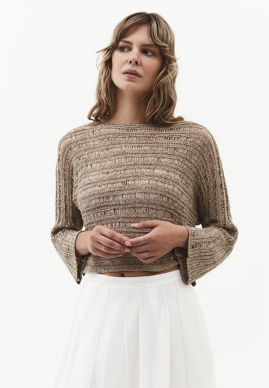 Openwork Boat Neck Long Sleeve Knit Sweater - OXFORD TAN
