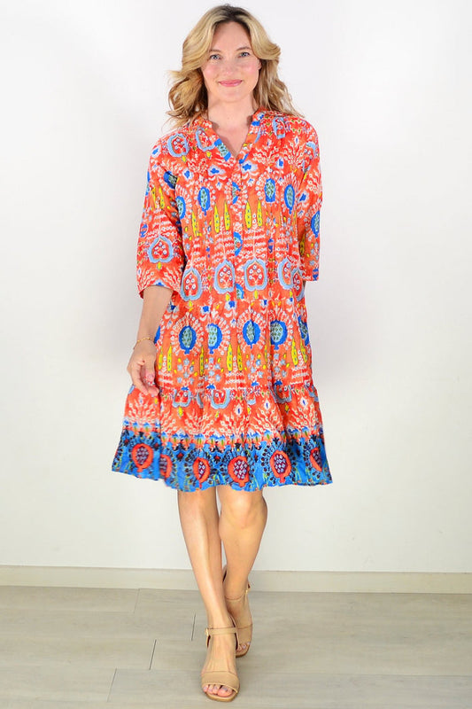 Orange and blue Beth tunic dress by One Summer, lightweight tunic with vibrant color block design and relaxed fit.