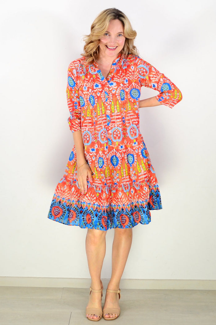 Orange and blue Beth tunic dress by One Summer, lightweight tunic with vibrant color blocking and relaxed fit.