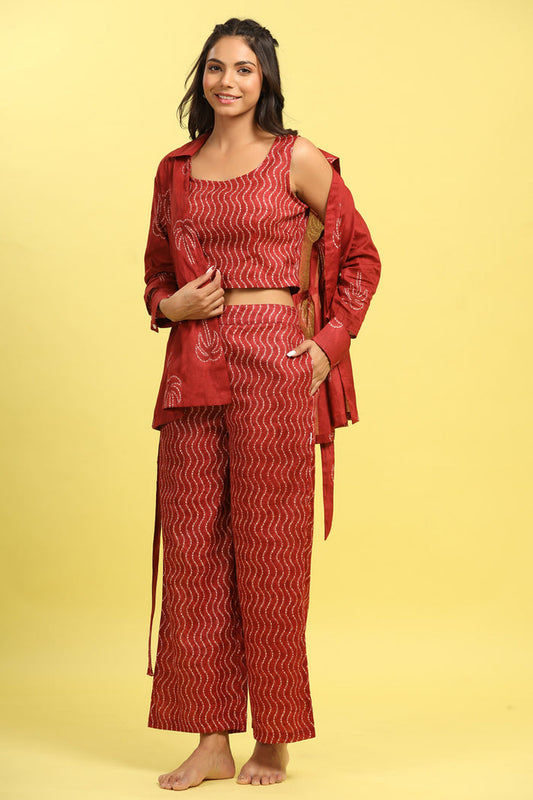 Palm with Spiral Shibori on Maroon Cotton Three Piece Set