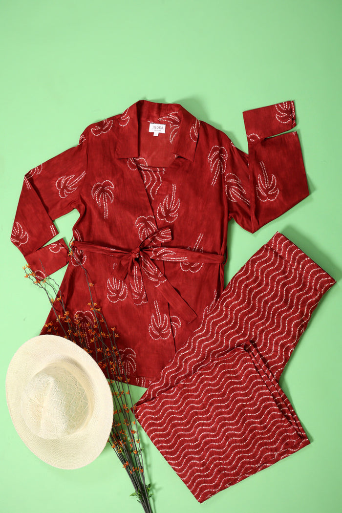 Palm with Spiral Shibori on Maroon Cotton Three Piece Set