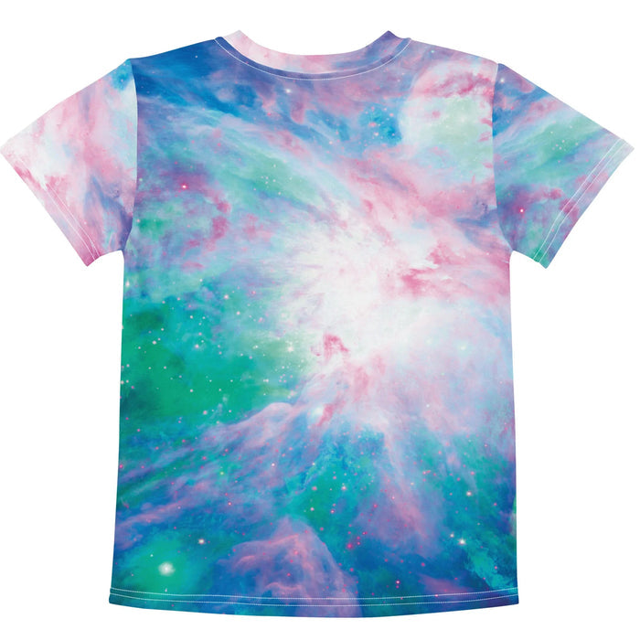 PB&J Cat Kid's Tee - The jarring juxtaposition of a domestic seal-point cat loaf superimposed over a high-definition electric cerulean (#007FFF), magenta (#FF00FF), and aquamarine (#7FFFD4) starfield.