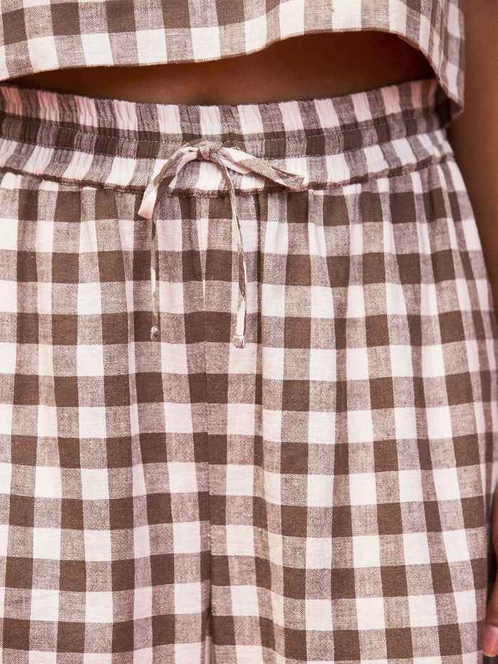 Brown check mid rise casual trousers with elasticated waistband