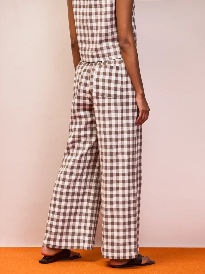 Brown gingham linen blend relaxed fit wide leg trousers