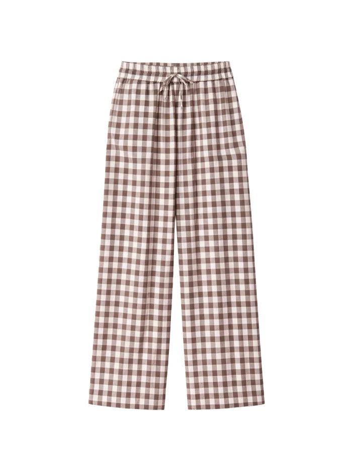 Brown gingham lightweight linen blend trousers with elasticated waist