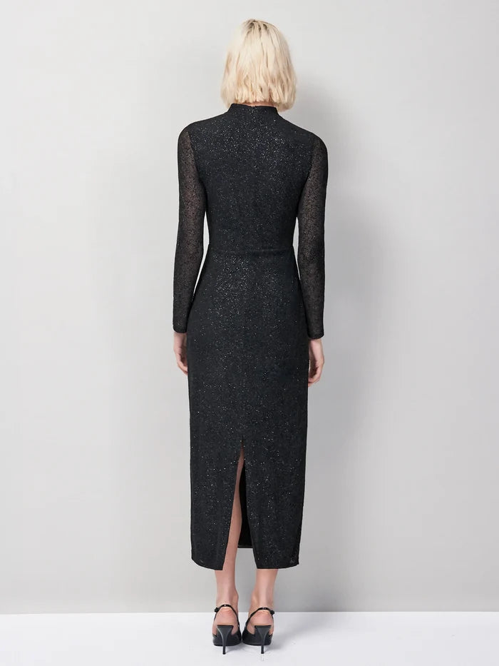 Petite Cleo Black Flocked Cut Out Detail Dress