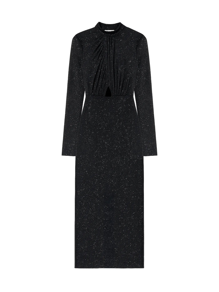 Petite Cleo Black Flocked Cut Out Detail Dress