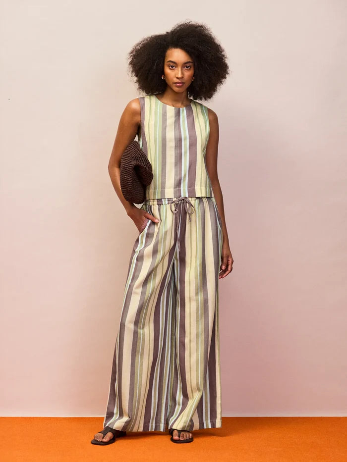 Green stripe linen blend wide leg trousers with elasticated drawstring waist