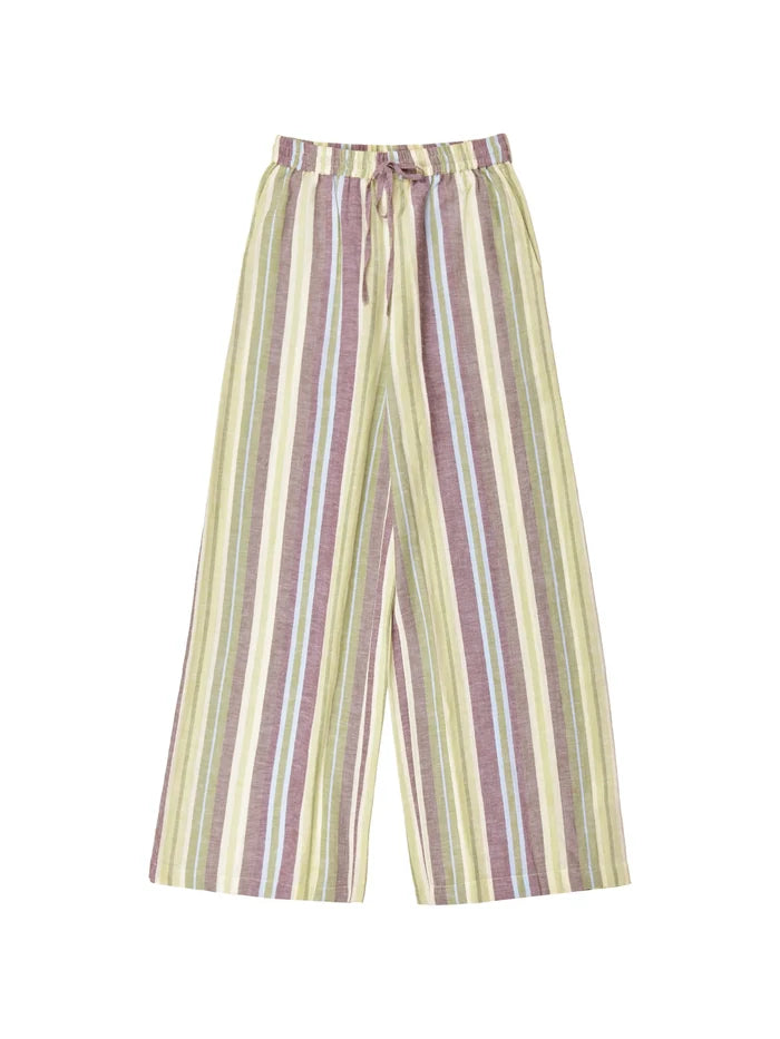 Green Stripe Linen-Blend Wide-Leg Trousers