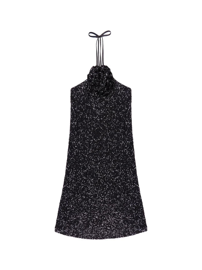 Petite Mimi Sequinned Corsage-Detail Halterneck Mini Dress