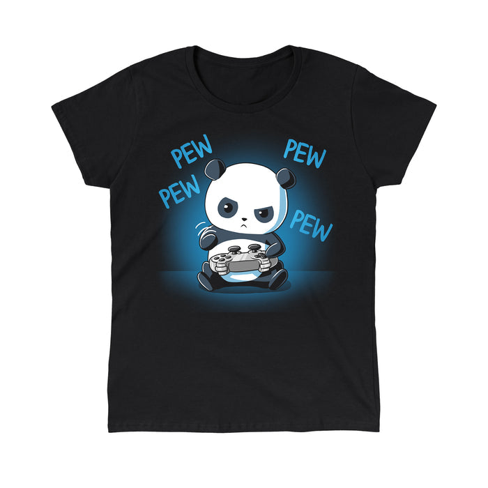 Classic Cotton T-shirt_TeeTurtle black Pew Pew Panda. Featuring a panda playing a video game with a controller.
