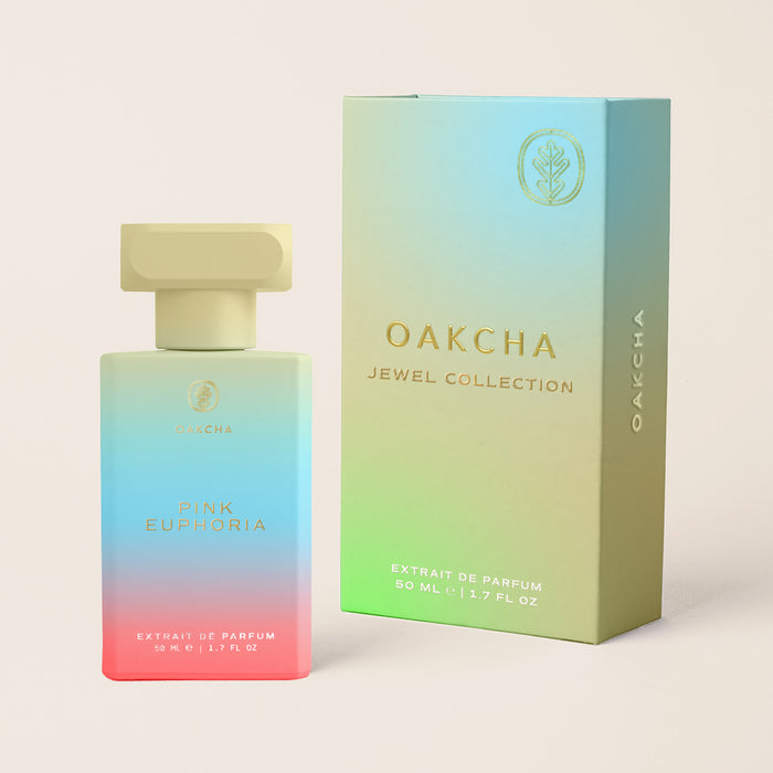 Front view of Pink Euphoria perfume bottle showing pink-to-green ombre glass and gold cap with matching box on beige background