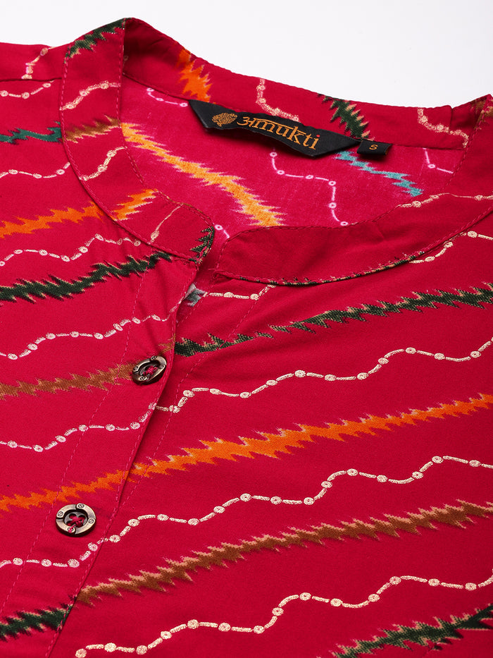 Pink Leheriya Printed Roll Up Sleeves Kurta, Princess Cur Kurta, A-Line Kurta, Leheriya  Print, Mandarin Collar kurta, printed kurta