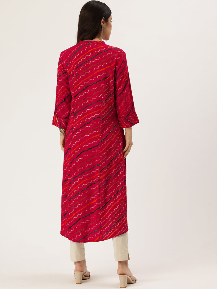 Pink Leheriya Printed Roll Up Sleeves Kurta, Princess Cur Kurta, A-Line Kurta, Leheriya  Print, Mandarin Collar kurta, printed kurta