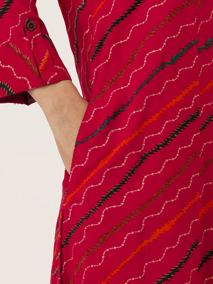 Pink Leheriya Printed Roll Up Sleeves Kurta, Princess Cur Kurta, A-Line Kurta, Leheriya  Print, Mandarin Collar kurta, printed kurta