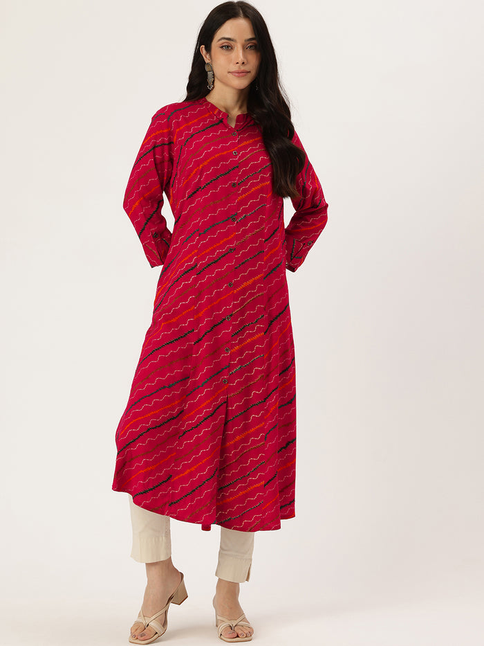 Pink Leheriya Printed Roll Up Sleeves Kurta, Princess Cur Kurta, A-Line Kurta, Leheriya  Print, Mandarin Collar kurta, printed kurta