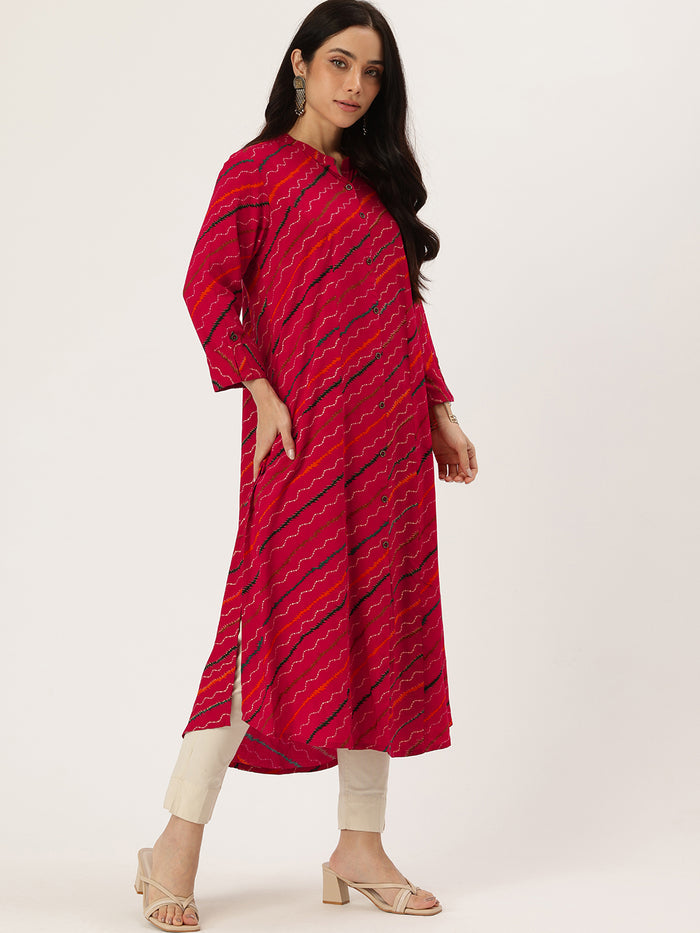 Pink Leheriya Printed Roll Up Sleeves Kurta, Princess Cur Kurta, A-Line Kurta, Leheriya  Print, Mandarin Collar kurta, printed kurta