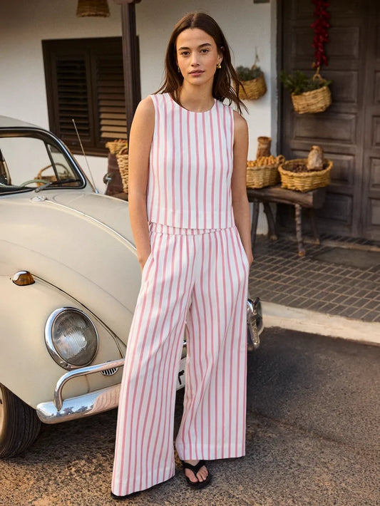 Pink Stripe Cotton Blend Trousers Co-Ord Resort Holiday Set