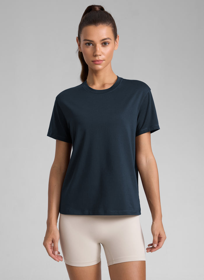 CRZ YOGA Women's Workout Casual Poly Cotton-Blend Short Sleeve True Navy