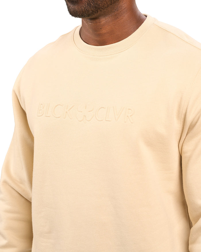 man wearing an oatmeal colored sweater from Black Clover with a 3d text BLCK CLVR on the chest