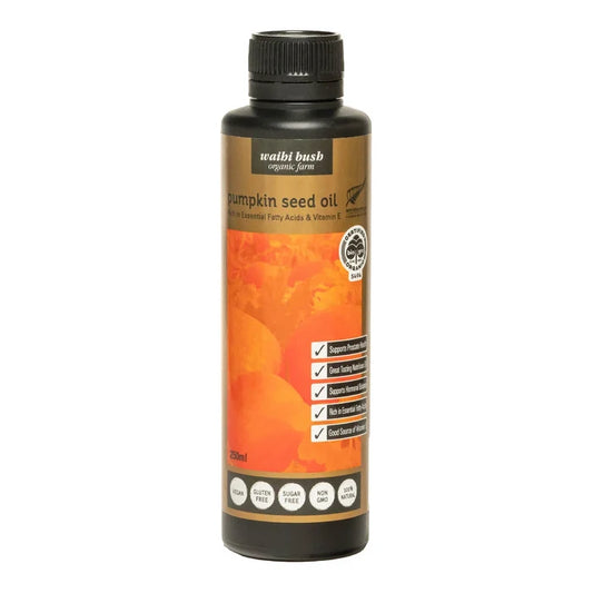 Front of 250ml bottle of Waihi Bush Pumpkin Seed Oil.