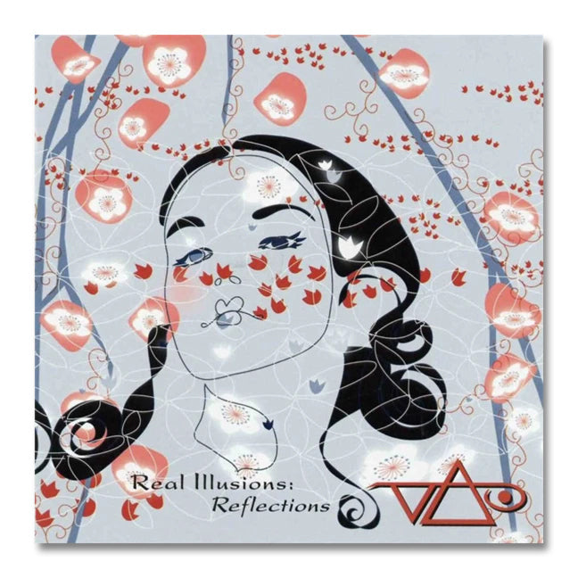 Image of the real illusions: reflections album art against white background. the artwork is a drawing of a woman with black curly hair. there are red and pink flowers surrounding her, with light blue tree branches framed around her face. the bottom right corner features the steve vai logo in red.  The steve vai logo makes the word "vai" with an upside down triangle, a right side up one, and a line going across the triangles with a curl at the end next to the triangle that is upright.