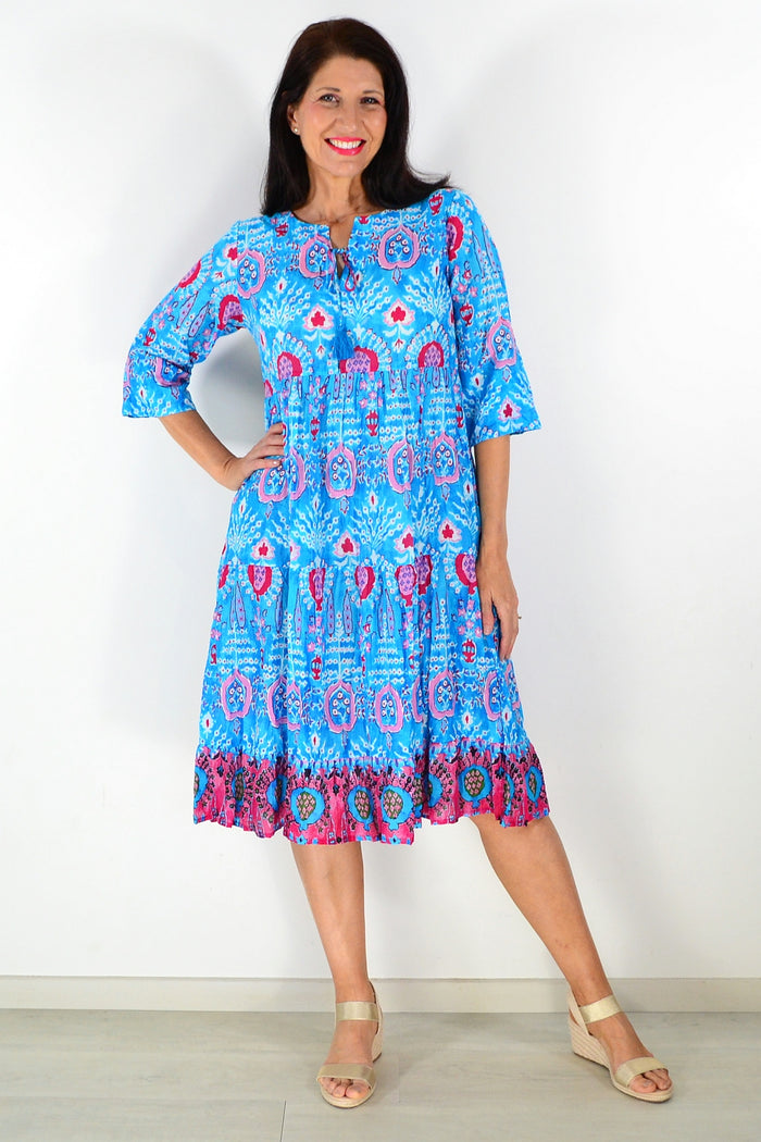 Rebecca Blue Tie Neck Midi Dress Tunic by One Summer, featuring a tie-neck detail and flowing midi length, styled as a casual tunic.