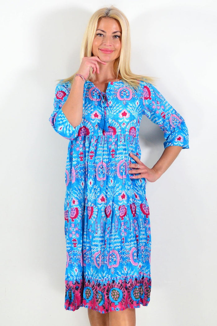 Rebecca Blue tie neck midi dress tunic by One Summer, featuring a stylish silhouette and elegant tie neck detail.