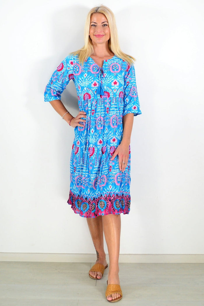 Rebecca Blue Tie Neck Midi Dress Tunic by One Summer, featuring a stylish tie neckline and flowing midi length, displayed on a model.