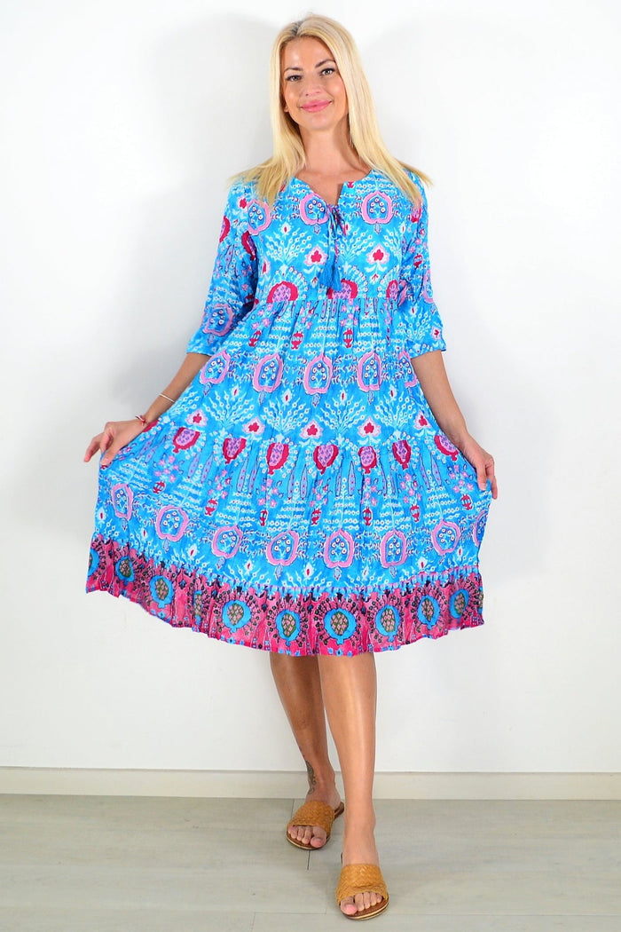 Rebecca Blue Tie Neck Midi Dress Tunic by One Summer, front view showing the tie neckline and flowy silhouette.