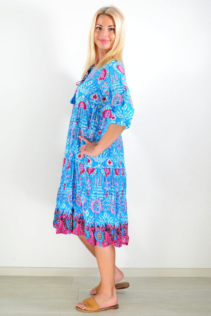Rebecca Blue tie-neck midi tunic dress by One Summer, featuring a stylish collar and flowy silhouette, shown on a model.
