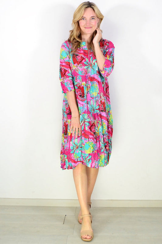 Rebecca Pink Aqua Tie Neck Tunic Dress by One Summer, featuring a lightweight fabric, tie neck detail, and relaxed fit.