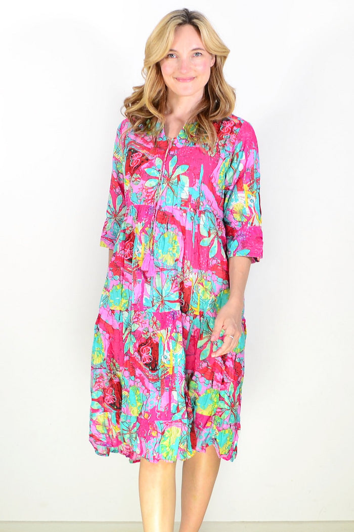 Rebecca Pink Aqua Tie Neck Tunic Dress by One Summer, featuring a flowy fabric and tie-neck detail, shown in the product image.