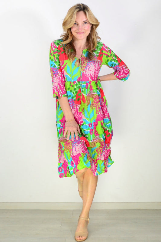 Rebecca Pink Lime Tie Neck Tunic Dress by One Summer, with vibrant pink and lime fabric and a stylish tie neckline.
