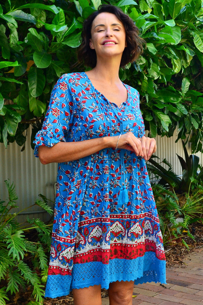 Red and blue Hannah Boho Tunic Dress by One Summer, featuring a relaxed fit with bohemian patterns and lightweight fabric.