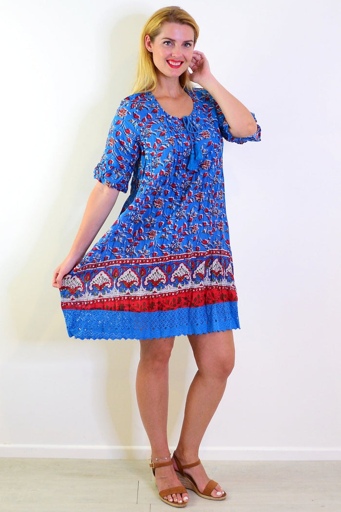Red and blue Hannah boho tunic dress by One Summer, featuring relaxed fit and bohemian style with vibrant print details.