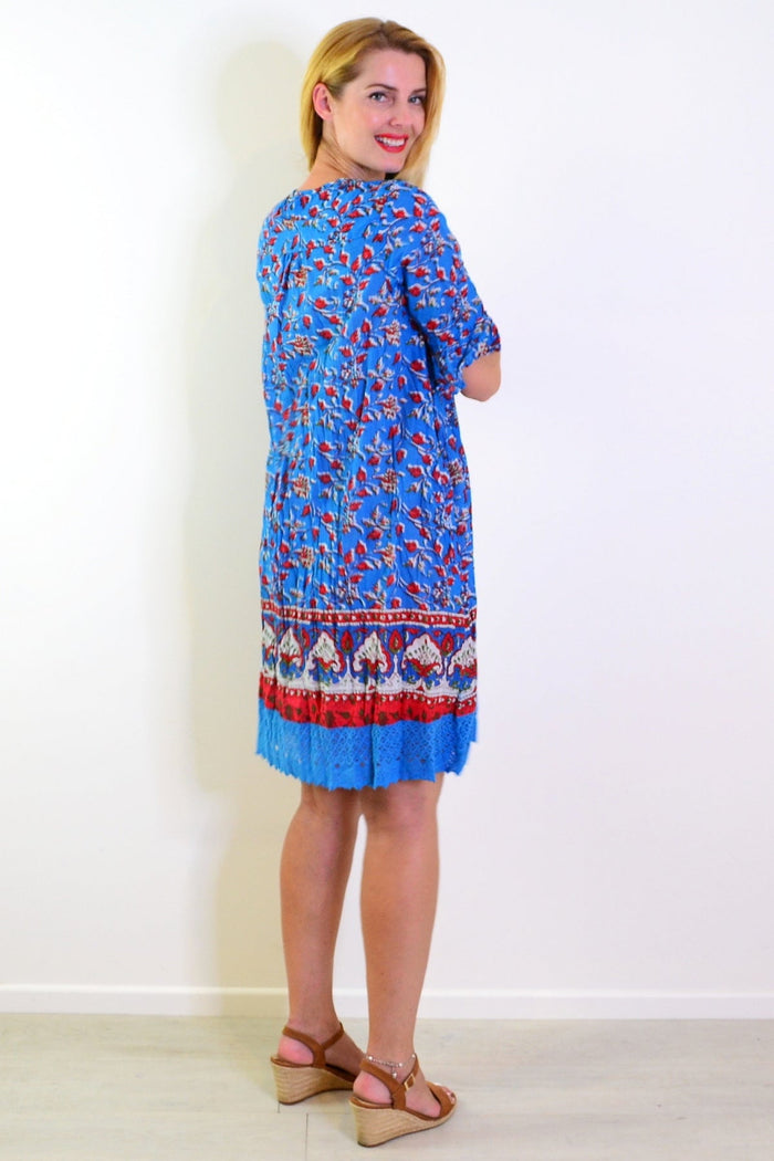 Red and blue boho tunic dress by One Summer featuring relaxed fit and vibrant print, perfect for casual summer wear.