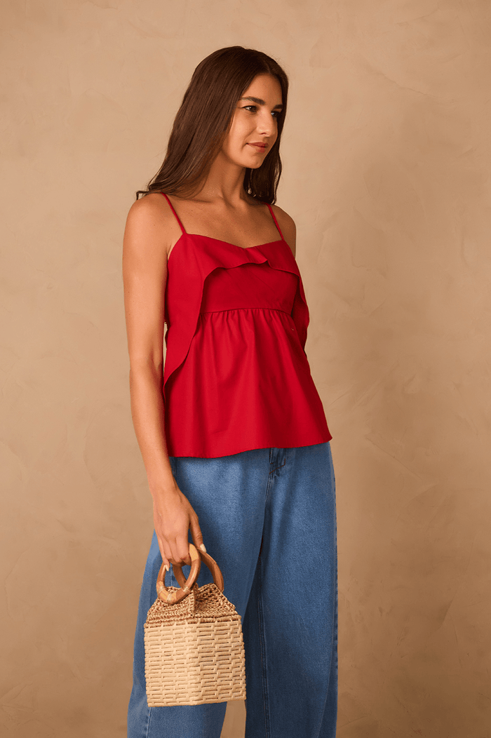 Red Encanto Layered Adjustable Straps Cotton Blouse_1