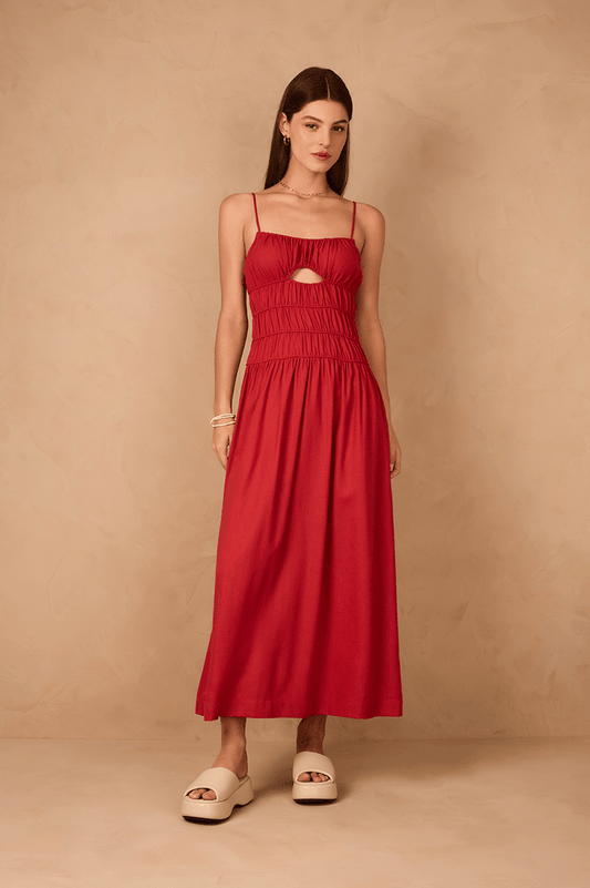 Red Encanto Ruched Bodice Sleeveless Linen Maxi Dress_1