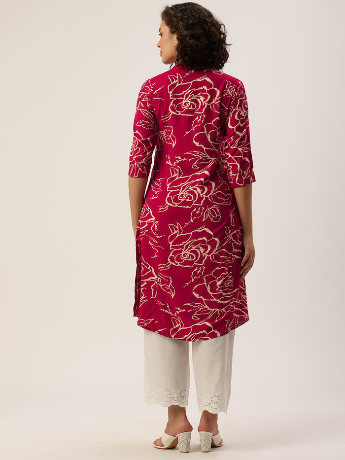 Red Floral Printed Mandarin Collar Kurta, Princess Cur Kurta, A-Line Kurta, Floral Print, Mandarin Collar kurta, printed kurta