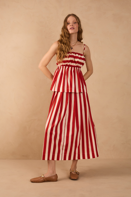 Red Maravilha Stripes Button Closure Pleats Maxi Skirt_1