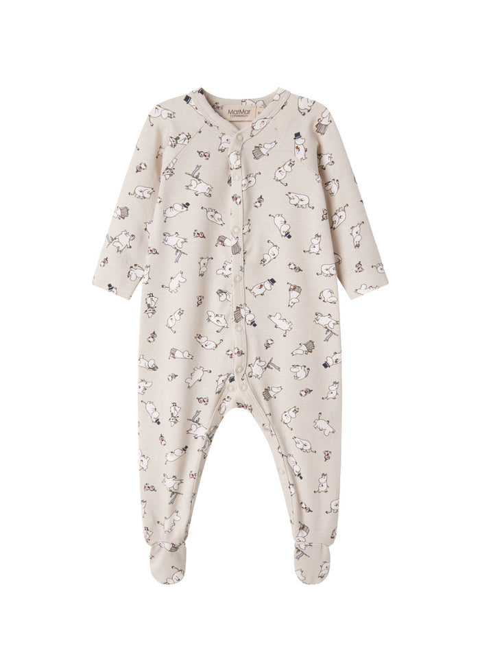 Baby's jumpsuit with long sleeves, snaps, mittens and Moomin print in bright colors