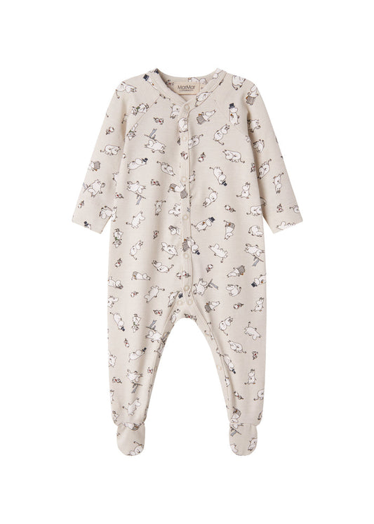 Baby's jumpsuit with long sleeves, snaps, mittens and Moomin print in bright colors