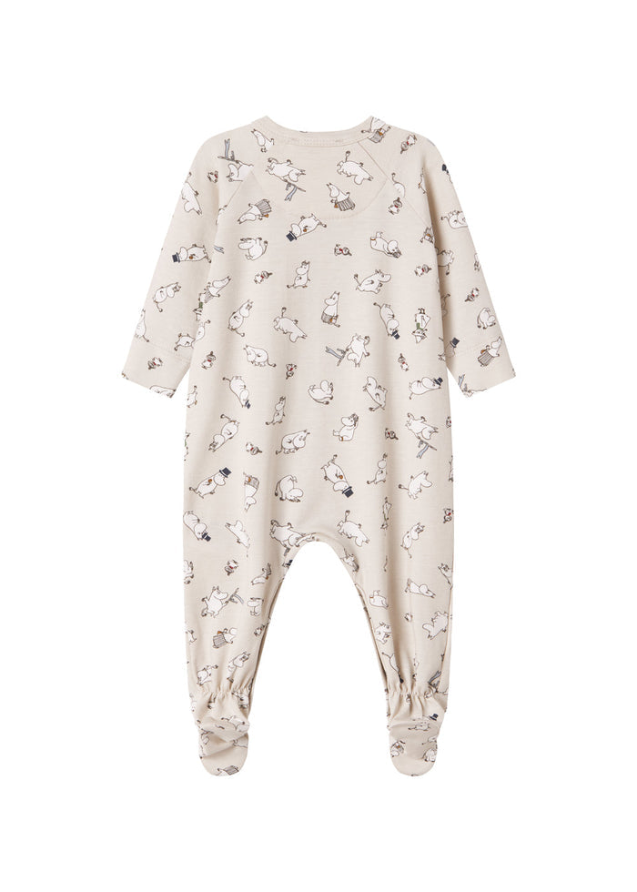 Baby's jumpsuit with long sleeves, snaps, mittens and Moomin print in bright colors