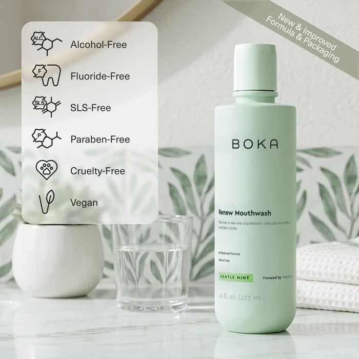 Boka mouthwash bottle with product features and branding on a neutral background