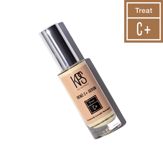 Bottle of Renū C+ | Kindness Powered Skincare serum with silver cap casting a shadow on a white background, highlighting its skincare treatment formula.